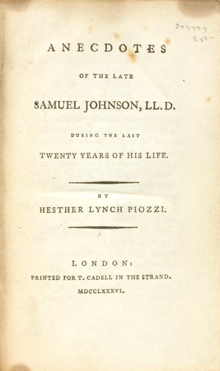 Anecdotes of the late Samuel Johnson by Hester Lynch Piozzi 1786