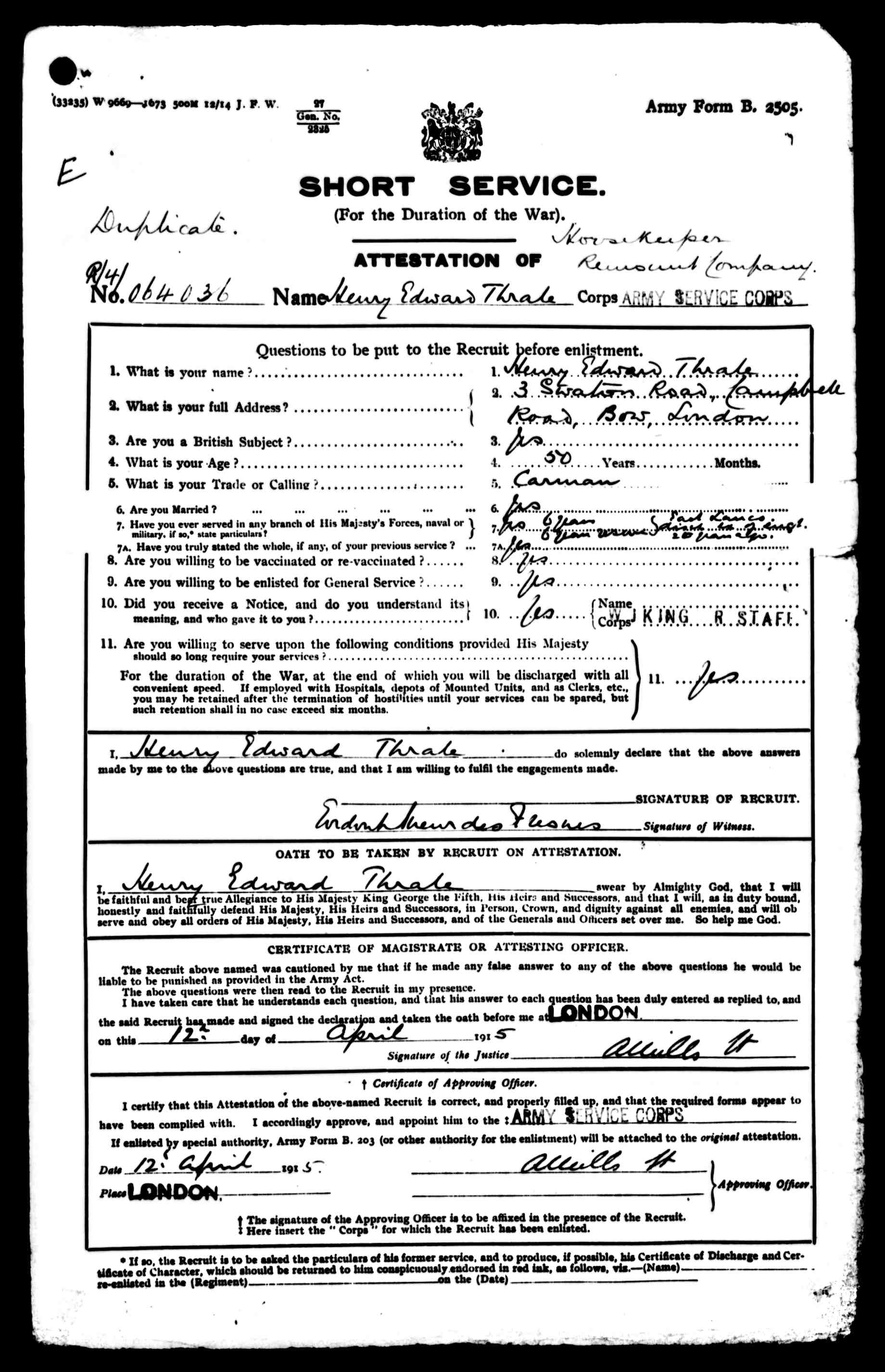 Henry Edward Thrale army discharge